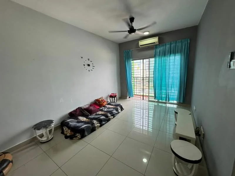 Living features: grey painted walls, white ceiling, 5-blade ceiling fan with light, large sliding glass door, floor-to-ceiling windows, curtains in turquoise, white tiled flooring, decorative wall clock, sofa with cushions, coffee table, TV console; style: modern; view: garden.
