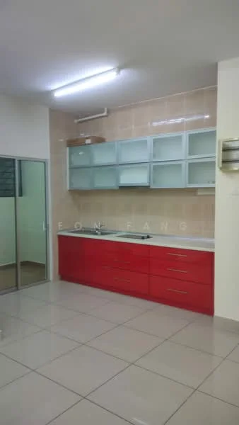 Kitchen features: red cabinetry, glass upper cabinets, white tiled backsplash, stainless-steel sink, single-bowl stainless-steel sink, built-in stove, ceramic tile flooring, fluorescent ceiling lights, open shelving, sliding glass door, wall-mounted air conditioning unit; style: modern.