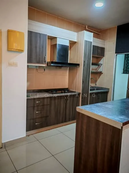 Kitchen features: brown wooden cabinetry, black countertop, stainless-steel sink, chrome faucet, built-in stove, tile backsplash, ceramic tile flooring, recessed ceiling lights, wall-mounted cabinets, open shelving, kitchen island, neutral wall color; style: modern.
