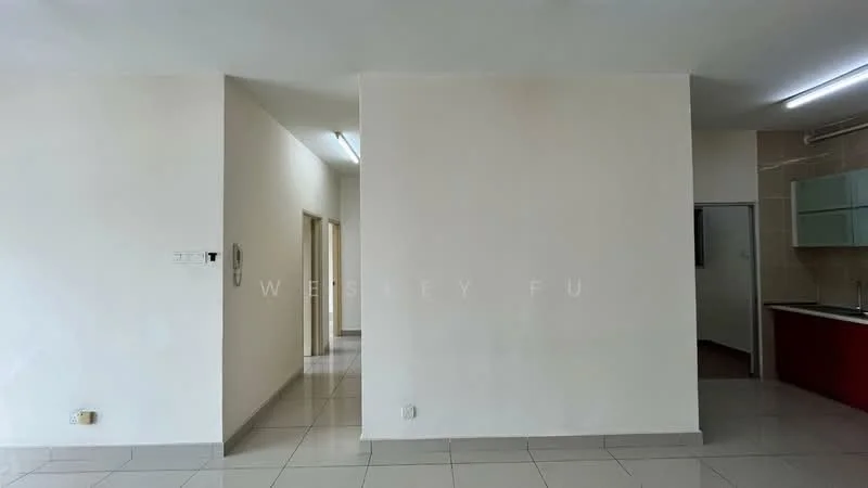 Room features: white painted walls, glossy tile flooring, recessed ceiling lights, open layout, kitchen area visible, red cabinetry in kitchen, sink area visible, doorway leading to another room; style: modern.