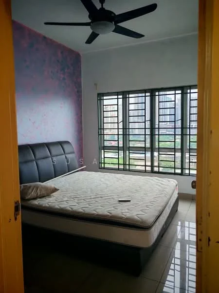 Bedroom features: queen-size bed, upholstered headboard, ceiling fan, white painted walls, accent wall with pink pattern, floor-to-ceiling windows, black metal window grills, tiled flooring, decorative pillow, remote control on bed; style: modern; view: city.