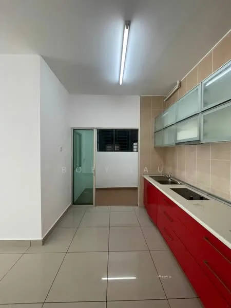 Kitchen features: red cabinetry, stainless-steel sink, double-bowl stainless-steel sink, chrome pull-down faucet, white countertop, ceramic tile flooring, wall-mounted cabinets with glass fronts, recessed LED downlights, window with grid pattern, open layout; style: modern.