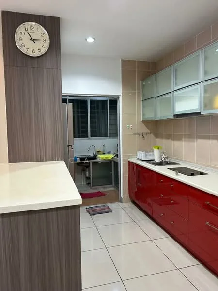 Kitchen features: red cabinetry, white countertop, stainless-steel sink, chrome pull-down faucet, glass-front upper cabinets, tile backsplash, wall clock, recessed downlights, ceramic tile flooring, open layout to adjacent area; style: modern. Room features: window, sink, counter space, floor mat.