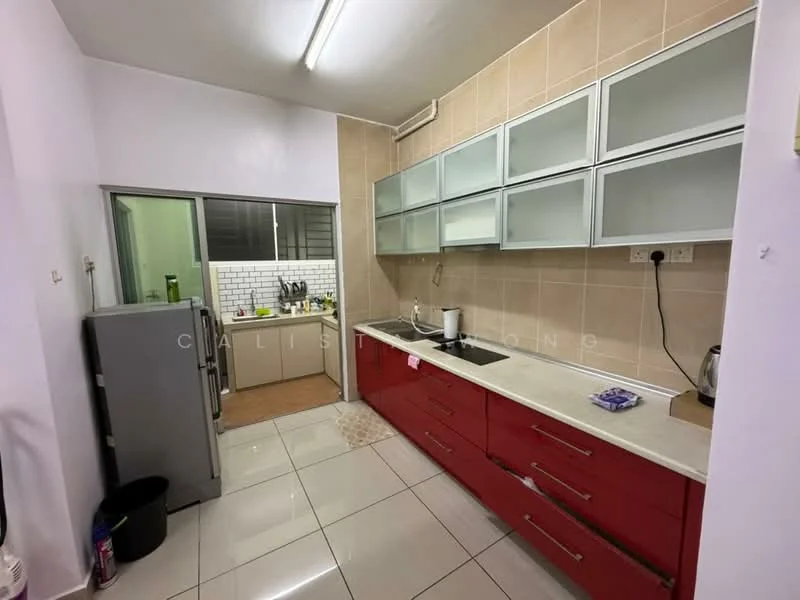 Kitchen features: red cabinetry, white countertop, stainless-steel sink, chrome pull-down faucet, built-in oven, freestanding fridge, ceramic tile flooring, white tiled backsplash, wall-mounted cabinets, under-cabinet lighting, window with view to adjacent room, open layout to dining area; style: modern.