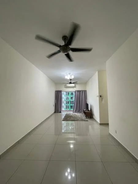 Living features: white painted walls, glossy ceramic tile flooring, 5-blade ceiling fan with light, recessed downlights, floor-to-ceiling windows, curtains, area rug, TV console, wall-mounted TV; style: modern; view: garden.