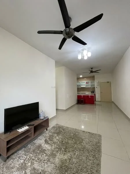Living features: grey area rug, 3-blade ceiling fan, wall-mounted TV, wooden TV console, white painted walls, glossy tile flooring, recessed ceiling lights, open layout to kitchen, natural light from windows; style: modern. Kitchen features: red cabinetry, open shelving, countertop, stainless-steel sink, built-in appliances, tile backsplash; style: modern.