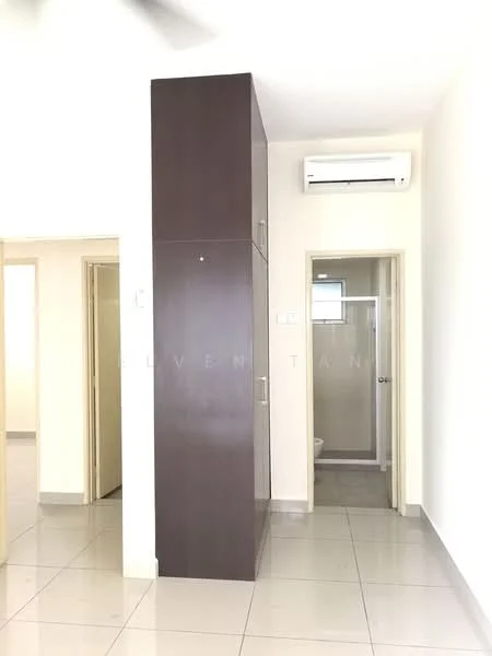 Room features: light-colored walls, glossy tile flooring, built-in cabinetry, wall-mounted air conditioning unit, doorway leading to bathroom, doorway leading to another room, neutral color scheme, bright lighting; style: modern.