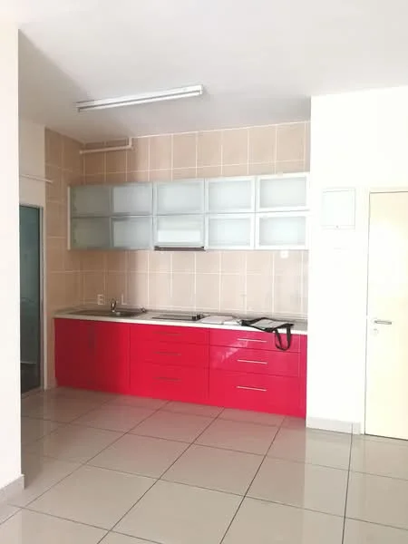 Kitchen features: red cabinetry with glossy finish, white countertop, stainless-steel range hood, built-in sink, glass upper cabinets, tile backsplash, ceramic tile flooring, recessed ceiling lights; style: modern.