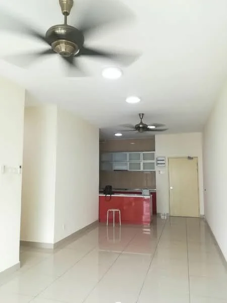Living features: glossy ceramic tile flooring, white painted walls, 5-blade ceiling fan with light, recessed LED downlights, open kitchen layout, counter with red cabinetry, single stool, door leading to other areas; style: modern.