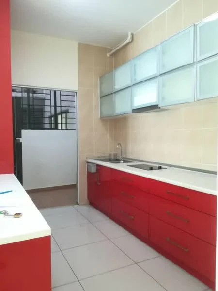 Kitchen features: red cabinetry, white countertop, stainless-steel sink, chrome faucet, glass upper cabinets, tile backsplash, ceramic tile flooring, recessed lighting; style: modern. Room features: doorway leading to another room, light-colored walls.