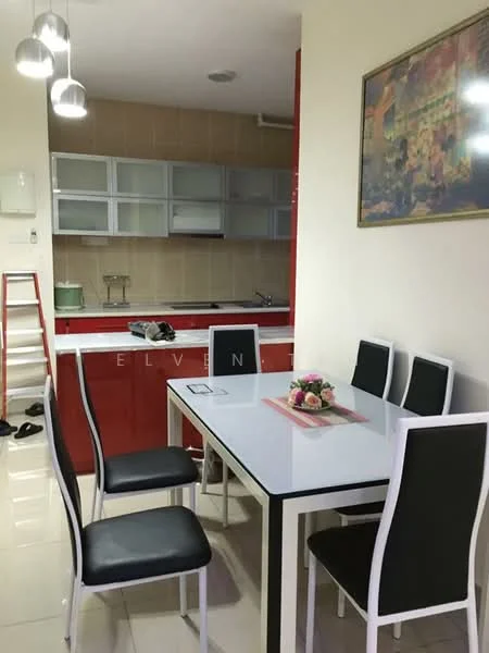Dining features: white dining table with black trim, 6 black and white upholstered dining chairs, framed artwork on wall, tile flooring, recessed downlights, open shelving, kitchen area visible in background, red cabinetry in kitchen, stainless-steel sink, built-in kitchen appliances; style: modern. Kitchen features: red cabinetry, white countertop, stainless-steel sink, built-in oven, microwave, open shelving, tile backsplash, kitchen appliances visible; style: modern.