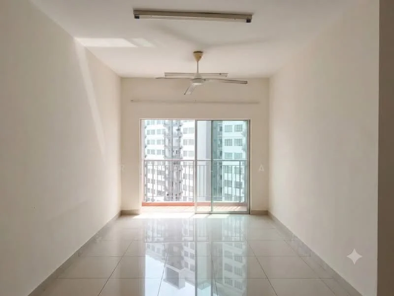 Room features: white painted walls, glossy ceramic tile flooring, 5-blade ceiling fan, floor-to-ceiling sliding glass door, balcony access, natural light from window, neutral color scheme, no visible furniture; style: modern; view: city.