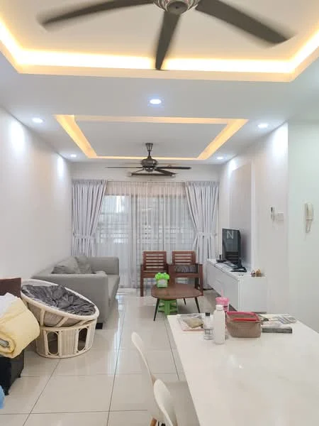 Living features: grey fabric sofa, 2 wooden chairs, white TV console, wall-mounted TV, ceiling fan with light, recessed downlights, white painted walls, tile flooring, floor-to-ceiling windows with sheer curtains, decorative ceiling with LED strip lighting, coffee table, area rug; style: modern.