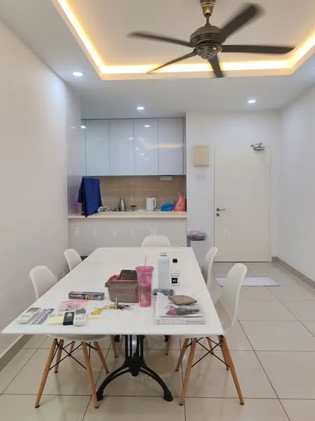 Dining features: white walls, cream tiled flooring, 5-blade ceiling fan with light, recessed downlights, white dining table, 6 white chairs, kitchenette with upper cabinets, kettle, blue cloth hanging, pink bag, countertop with appliances; style: modern.