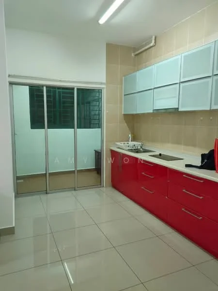 Kitchen features: red cabinetry, white countertop, single-bowl stainless-steel sink, chrome pull-down faucet, glass upper cabinets, sliding glass door, tile backsplash, ceramic tile flooring, recessed ceiling lights, window with grid pattern; style: modern.