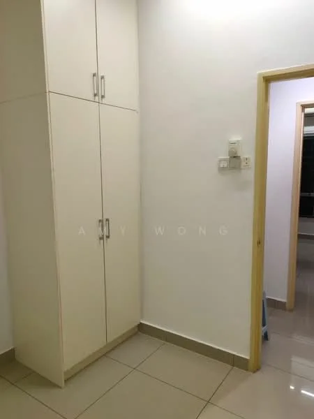 Room features: cream painted walls, white cabinetry with handles, tiled flooring in light beige, doorway leading to another room, light switch, power outlet; style: modern.