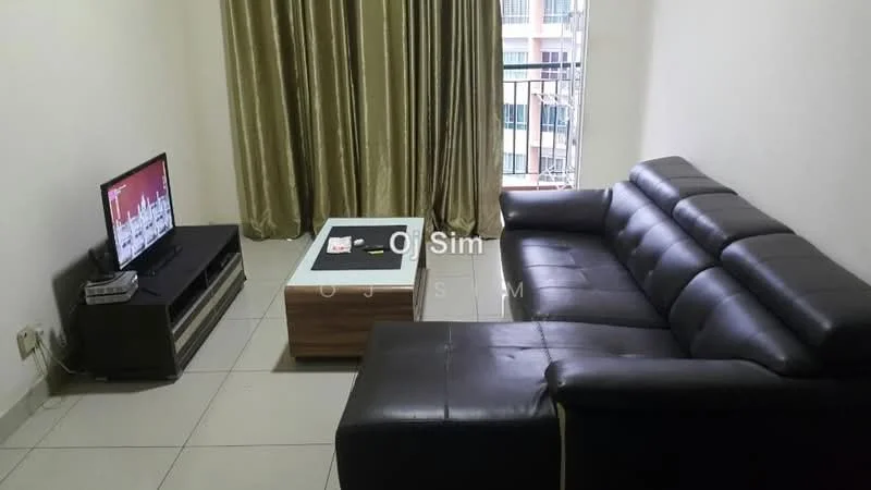 Living features: black leather sectional sofa, wood coffee table, flat-screen TV, TV console, cream painted walls, tile flooring, floor-to-ceiling curtains, window with view, light switch, power outlet; style: modern.