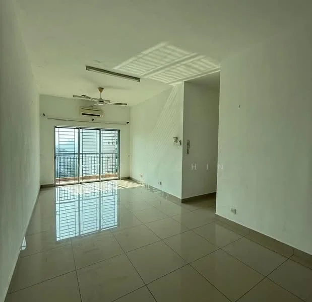 Living features: white painted walls, glossy ceramic tile flooring, 5-blade ceiling fan with light, floor-to-ceiling windows, sliding glass door, balcony access, natural light, city view; style: modern; view: city.