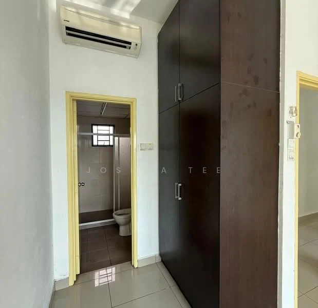 Room features: white painted walls, tile flooring, built-in wardrobe with dark wood finish, 1 wall-mounted split AC, door leading to bathroom, door leading to hallway, window with natural light.