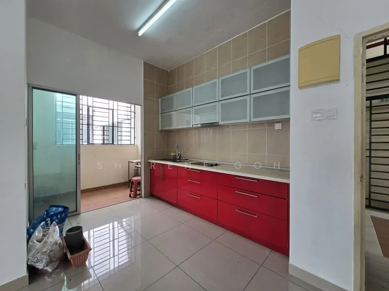 Kitchen features: red cabinetry, white countertop, stainless-steel sink, single-bowl stainless-steel sink, chrome pull-down faucet, ceramic tile flooring, wall-mounted cabinets, window with metal grille, open layout, light fixture on ceiling, splashback tiles, space for refrigerator, space for stove; style: modern.