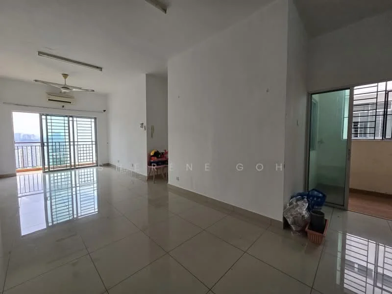 Room features: white painted walls, polished ceramic tile flooring, 2 ceiling fans, floor-to-ceiling windows, sliding glass door, balcony access, natural light, open layout; style: modern; view: city.