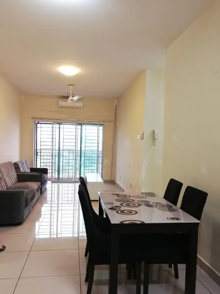 Living features: 3-seater fabric sofa in grey, floor-to-ceiling windows, white painted walls, polished ceramic tile flooring, ceiling light, wall-mounted air conditioning unit, black dining table with decorative pattern, 4 black dining chairs; style: modern; view: city.
