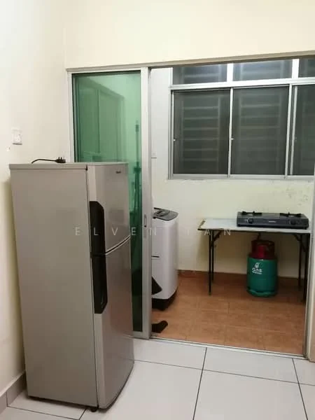 Kitchen features: stainless-steel fridge, single-basin sink, gas stove, washing machine, tile flooring, white walls, window with metal frame, countertop, table with legs.