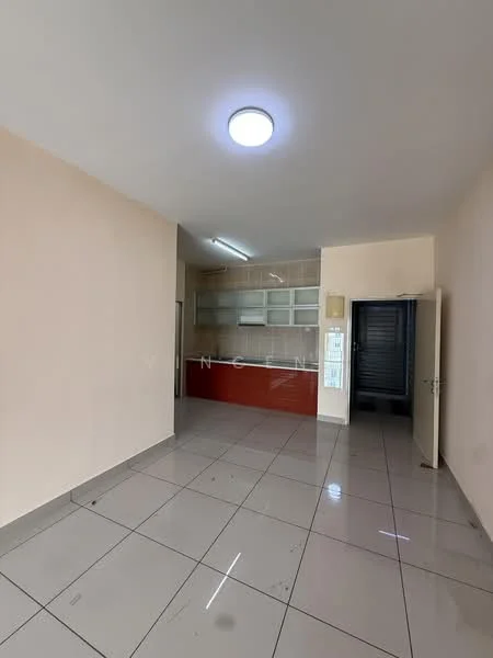 Room features: white painted walls, glossy tile flooring, ceiling light fixture, built-in cabinetry, red accent wall, door leading to another room, large window, open layout; style: modern.