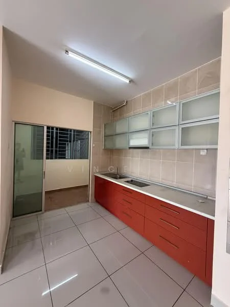 Kitchen features: red cabinetry, white countertop, stainless-steel sink, single-bowl stainless-steel sink, chrome pull-down faucet, glass upper cabinets, tile backsplash, ceramic tile flooring, fluorescent ceiling lights, window with metal grille, door leading to outdoor area; style: modern.