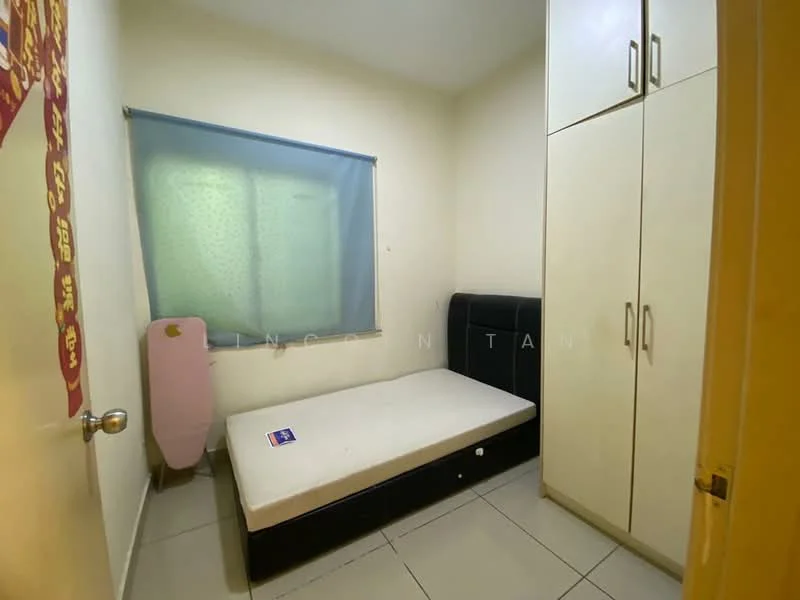 Bedroom features: single bed frame, mattress, built-in wardrobe with sliding doors, cream painted walls, tile flooring, window with sheer curtains, light switch, door with handle.
