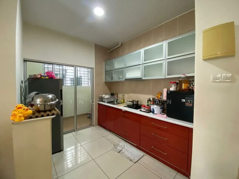 Kitchen features: red cabinetry, white countertop, stainless-steel sink, chrome pull-down faucet, built-in oven, freestanding fridge, glass-front upper cabinets, ceramic tile flooring, recessed downlights, wall-mounted storage, open shelving, window with grille, kitchen utensils on countertop; style: modern. Room features: glass sliding door, additional room visible through door.