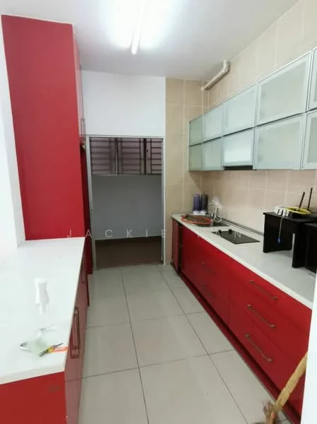 Kitchen features: red cabinetry, white countertop, stainless-steel sink, chrome pull-down faucet, glass upper cabinets, tile backsplash, ceramic tile flooring, recessed ceiling lights, open shelving, kitchen island, built-in appliances, pantry area; style: modern.