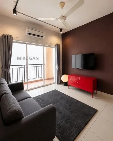 Living features: 3-seater fabric sofa in grey, black area rug, wall-mounted TV, red TV console, ceiling fan, floor-to-ceiling sliding glass door, curtains in grey, white painted walls, dark accent wall, air conditioning unit; style: modern; view: city.