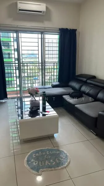 Living features: black leather sectional sofa, glass coffee table, white area rug with text, floor-to-ceiling windows, sliding glass door, curtains in dark blue, wall-mounted split AC, ceramic tile flooring, neutral painted walls; style: modern; view: city.