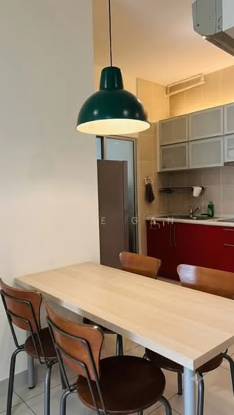Kitchen features: light wood dining table, 4 wooden dining chairs with metal legs, green pendant light, red cabinetry, grey upper cabinets, stainless-steel refrigerator, white countertop, sink with faucet, tile backsplash, ceramic tile flooring; style: modern.