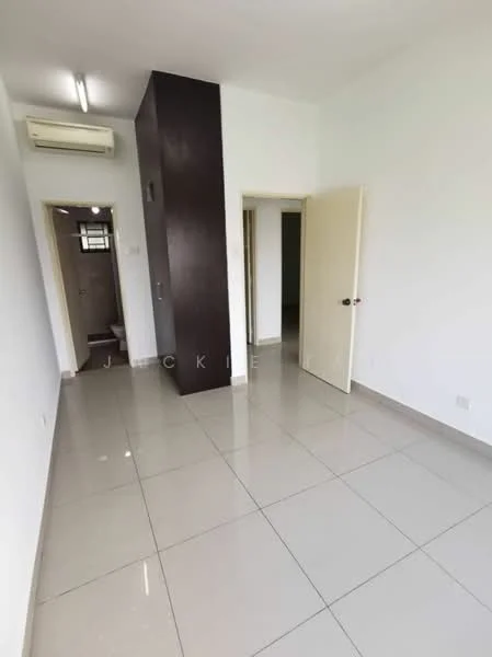 Room features: white painted walls, glossy ceramic tile flooring, 1 wall-mounted split AC, doorway leading to another room, doorway leading to bathroom, neutral color scheme, ceiling lights; style: modern.