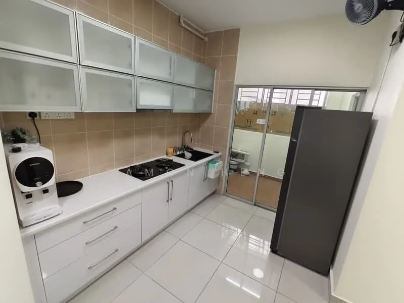 Kitchen features: white cabinetry with glass fronts, stainless-steel sink, chrome pull-down faucet, black gas hob with two burners, built-in oven, white quartz countertop, ceramic tile backsplash, refrigerator, sliding glass door, white tiled flooring, wall-mounted cabinets, window with blinds; style: modern.