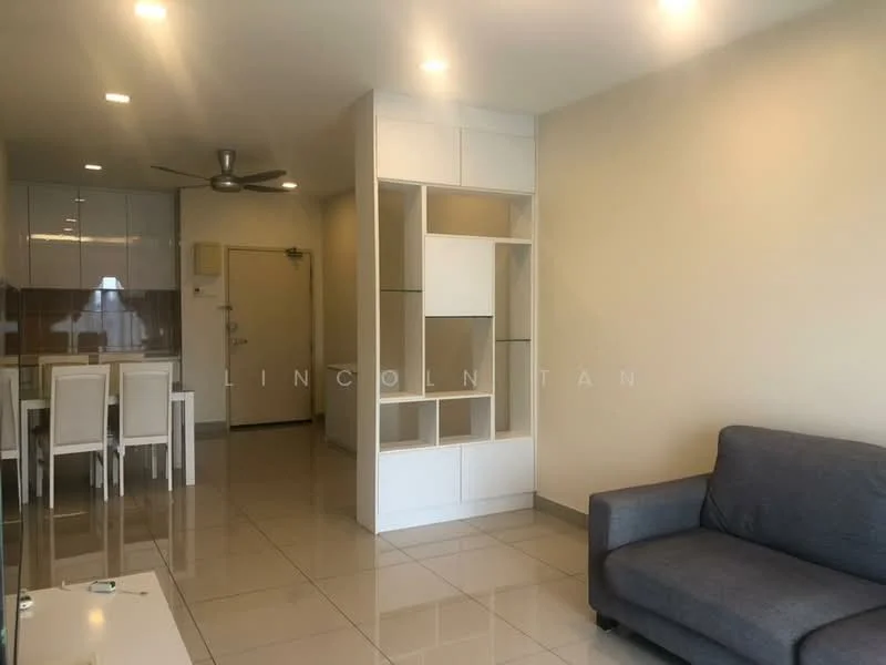 Living features: grey fabric sofa, white coffee table, wall-mounted TV, recessed downlights, 5-blade ceiling fan, glossy tile flooring, neutral painted walls, built-in shelving unit, open layout to dining area; style: modern. Dining features: 4-seater dining table, white dining chairs, glossy tile flooring, neutral painted walls, open layout to living area; style: modern.