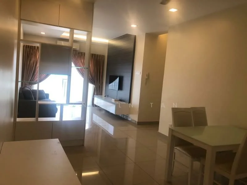 Living features: grey fabric sofa, wall-mounted TV, TV console, large windows with sheer curtains, recessed lighting, cream painted walls, glossy tile flooring, decorative wall paneling, dining table with four chairs, open layout, natural light from windows; style: modern; view: city. Room features: cream painted walls, glossy tile flooring.