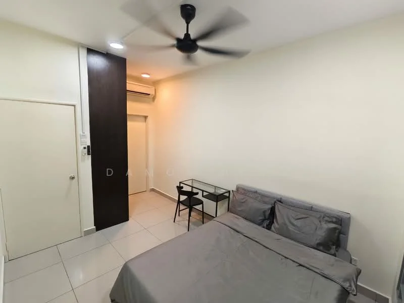 Bedroom features: queen-size bed with grey bedding, 2 bedside tables, glass top side table, black metal chair, white painted walls, tile flooring, ceiling fan, wall-mounted air conditioning unit, built-in wardrobe with sliding doors, door leading to hallway; style: modern.
