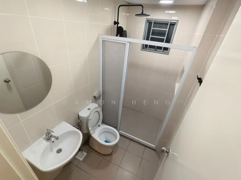 Bathroom features: white ceramic sink, chrome basin mixer faucet, one-piece toilet, walk-in shower with glass enclosure, rain shower head, framed mirror, light-colored wall tiles, beige floor tiles, exhaust fan, window for natural light; style: modern.