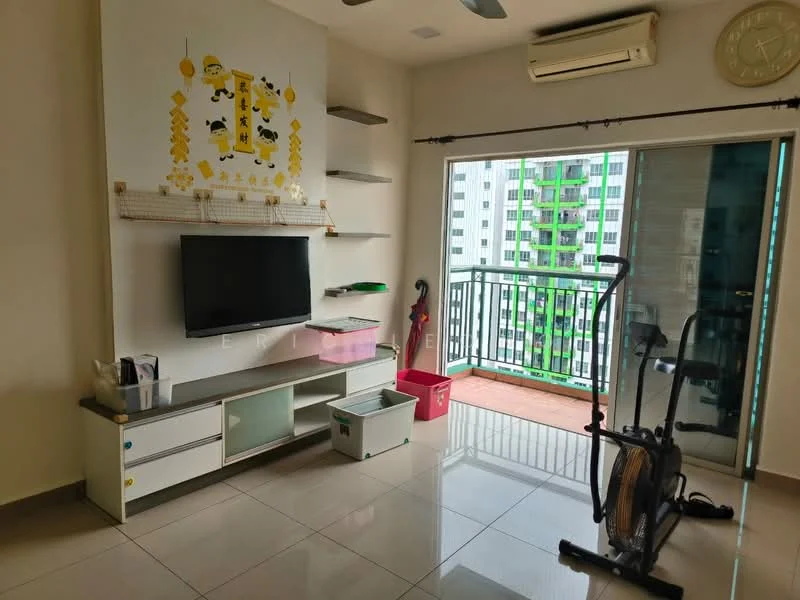 Living features: white painted walls, grey tiled flooring, ceiling fan, wall-mounted TV, open shelving unit, glass sliding door, balcony access, exercise bike, decorative wall art, window with view, air conditioning unit; style: modern; view: city.