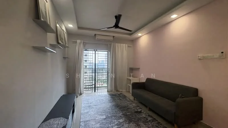 Living features: grey fabric sofa, area rug with geometric pattern, wall-mounted TV console, ceiling fan, white painted walls, recessed downlights, floor-to-ceiling windows, sheer curtains, balcony door, light wood flooring; style: modern; view: city.