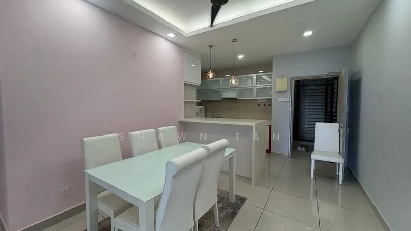 Dining features: white dining table, 4 white upholstered dining chairs, grey area rug, recessed downlights, pendant lights above table, light pink painted walls, cream tiled flooring, open kitchen layout, kitchen island with seating, built-in cabinetry, countertop with backsplash; style: modern.