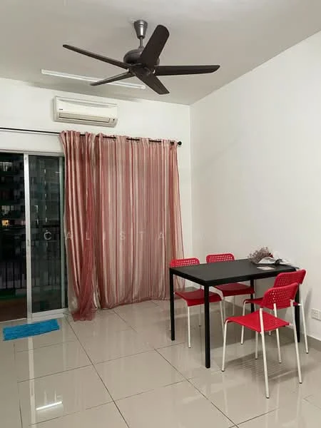 Dining features: 4-seater dining table in black, red plastic dining chairs, white tiled flooring, wall-mounted split AC, 5-blade ceiling fan in black, floor-to-ceiling sliding glass door, sheer curtains in light pink, decorative wall with balcony view; style: modern; view: city.