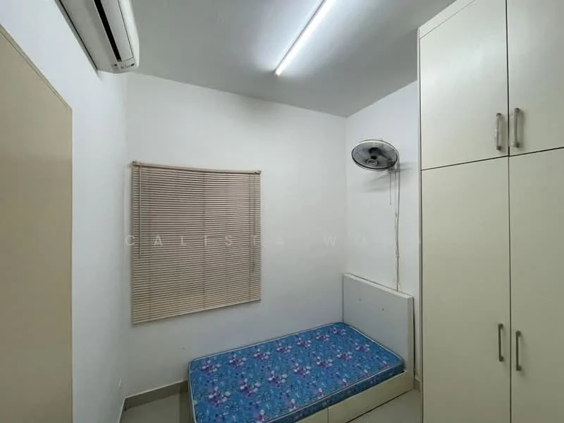 Bedroom features: single bed with blue floral mattress, built-in wardrobe with white finish, wall-mounted ceiling fan, wall-mounted air conditioning unit, window with blinds, light grey tiled flooring, white painted walls, ceiling lights; style: modern.