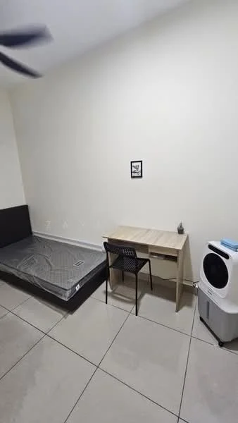 Room features: cream painted walls, tile flooring, ceiling fan, single bed frame without mattress, desk with wooden surface, black chair, portable air conditioner; style: modern.