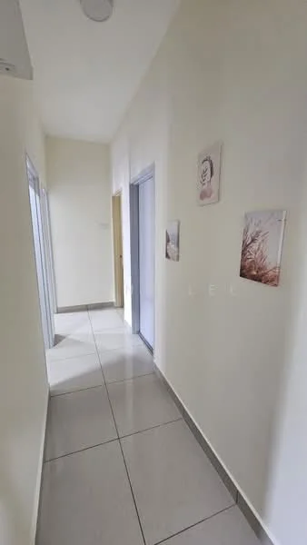 Hallway features: white painted walls, grey tile flooring, recessed ceiling lights, two doors leading to rooms, decorative wall art, narrow hallway layout, natural light from end of hallway; style: modern.
