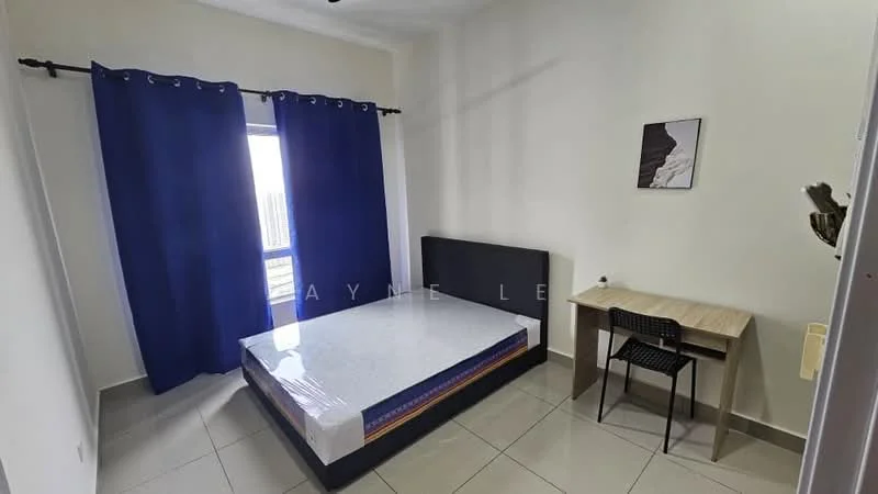 Bedroom features: queen-size bed with mattress protector, blue blackout curtains, white painted walls, tile flooring, study desk with chair, window with city view, minimalist decor; style: modern; view: city.