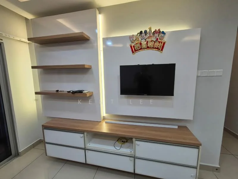 Living features: white wall-mounted TV unit, wooden countertop, open shelving, built-in LED lighting, wall-mounted TV, ceramic tile flooring, neutral wall color, decorative wall art; style: modern.